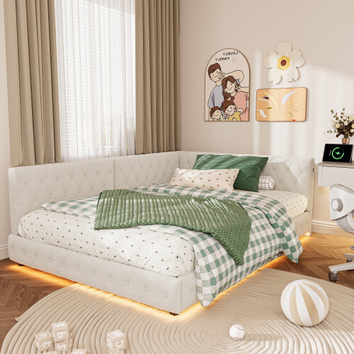 (Double, White)  Bed Frame 135x190cm with LED+USB 2