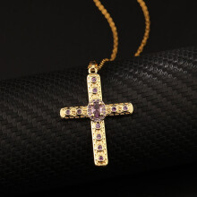 Cross Pendant Necklace Women Copper-Plated 18K Gold Zircon