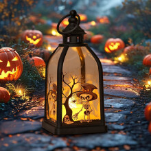 Halloweenská svíčková lucerna s LED světly, vhodná do interiéru a exteriéru.