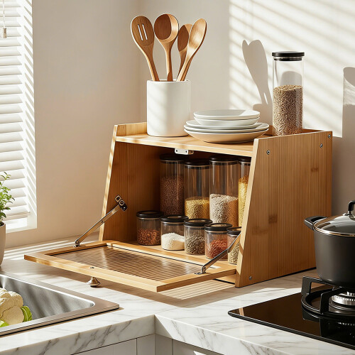 Living And Home 2-Tier Bamboo Bread Storage Cabinet for Kitchen Counter 1