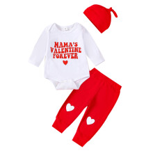 Conjunto de roupas para bebê menino/menina para o primeiro Dia dos Namorados: body de manga comprida, calça e chapéu (tamanhos 3, 6, 9, 12 e 18