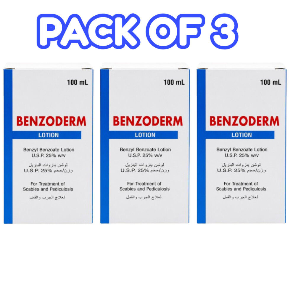 (PACK OF 3) BENZODERM Benzyl Benzoate Lotion 25% w/v 100ml Fast-Acting Scabies & Lice Treatment | Anti-Itch Skin Care Formula for Pediculosis Relief