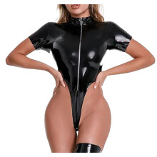 Women's short sleeve patent leather jumpsuit with front