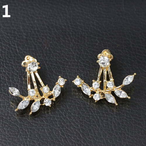 Women's Rhinestone Leaf Stud Earrings with Ear Jackets
