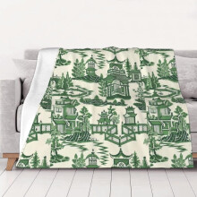 Chinoiserie Pagoda Flannel Throw Blanket Green Black 80x60