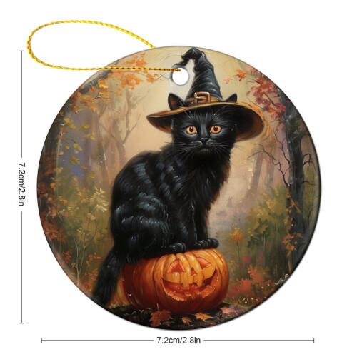 Ceramic Black Cat Witch Hat Pumpkin Ornament 1pc 1