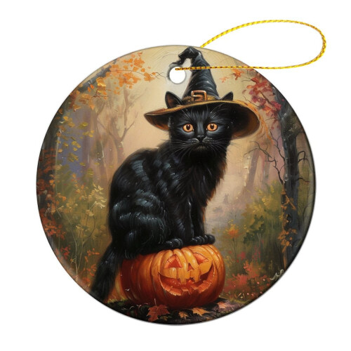 Ceramic Black Cat Witch Hat Pumpkin Ornament 1pc 2