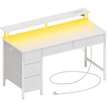 120cm Computer Desk with LED Light USB Ports & Power Outlets Monitor Stand and 5 Storage Drawers Home Office Desk