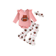 (12-18 Months, Pink) Baby Girls 3PCS Pants Sets Long Sleeve O Neck Rugby Embroidery Romper Flared Pants Headband Outfits