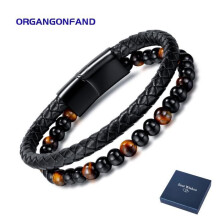 Bracelet pour homme tissé à la main en cuir avec pierre œil de tigre et fermoir magnétique vintage