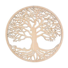 30 cm grote, massief houten levensboom wanddecoratie in een eigentijdse, asymmetrische stijl voor moderne interieurs.