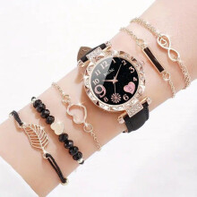 Damenuhr mit Geschenkbox, 5 eleganten Armbändern, weichem Leder, Quarzwerk, analog