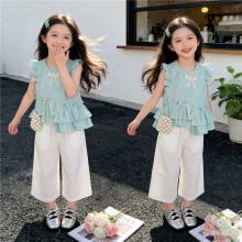 (Xiaofei sleeve suit cyan, 120cm) Girls Summer Suit 2026 New Children's Fashionable Small Flying Sleeve Babydoll Summer Dress Denim Shorts