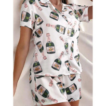 (XL) Champagne Bottles Button Pajama Set Women Printed Short Sleeve 2 Pieces Soft Loose Casual Sleepwear  TA