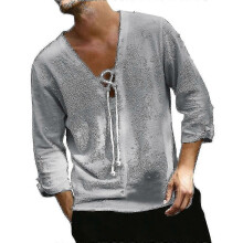 (XL, Grey) Men Cotton Linen Look 3/4 Sleeve T-shirt Summer Beach Casual V Neck Lace Up Tops Zekai