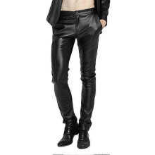 (EU 29, Black) Mens Casual Thick Slim Fit Straight Leather Pants