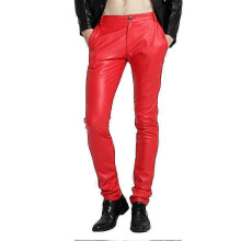 (EU 34, Red) Mens Casual Thick Slim Fit Straight Leather Pants