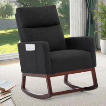XH.Easy Go Rocking Chair for Nursery,Nursing Chairs for Adults Accent Rocking Linen Chair with HighBack,Side Pockets and Wooden Legs,Comfy Reading