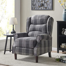 Home Detail Tartan Arm Chair Recliner in Beige or Grey Fabric, Living Room Chairs or Bedroom Chairs with Manual Reclining Function, High Back, Wing