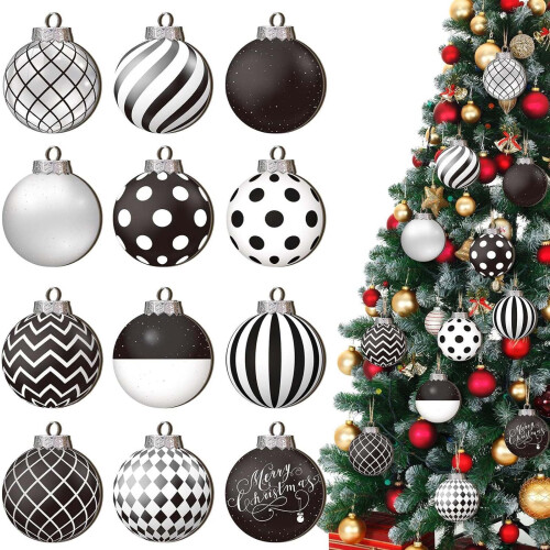 Black & White Shatterproof Boho Christmas Ornaments 24 pcs