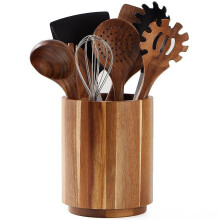 Acacia Wood 360 Rotating Utensil Holder – Non-Slip, Large Capacity Crock for Kitchen Counter, Holds 15–20 Tools, Rustic Farmhouse Organizer