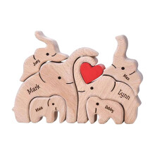Elephant Family Wooden Sculpture – Handcrafted Natural Wood Tabletop Ornament for Living Room, Bedroom, Desktop – Personalized Name Option
