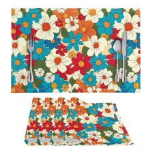 Hitzebeständige Platzsets aus weichem Polyester, 4er-Set, leicht zu reinigen – geeignet für Zuhause, Restaurants und Cafés; Hippie-Blumenmuster