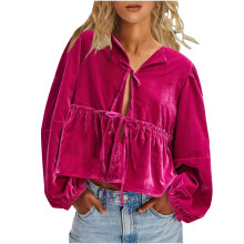 Women's Flowy Puff Sleeve  Top, V-neck, Bow Front, Loose-Red L