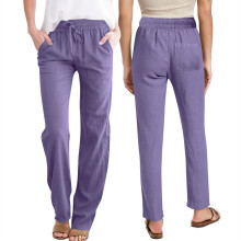 Linen Cotton Pants For Women Loose Elastic Waist-Purple L