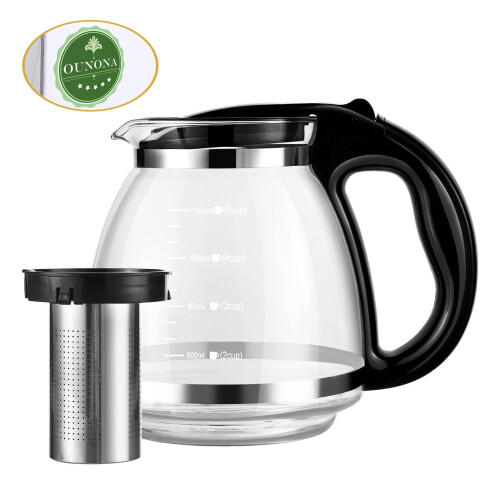 Black Glass Teapot Non-Drip Spout Ergonomic Handle 1500ml 1