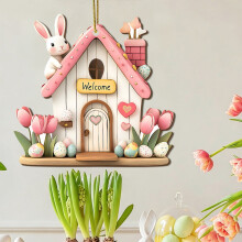 Easter Acrylic Hanging Ornaments (8cm), 4 Bunny House Welcome Signs, Flat Decor for Door/Wall/Tree, Spring Party Supplies
