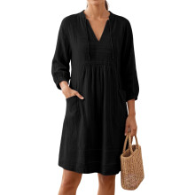 Women's Sleeve Dress Lace Dress Loose Lacing Hollow-Black XL