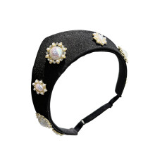 Breathable Elizabethan Cosplay Pearls Studded Hair Band-Black