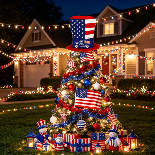 Fabric Stripes Star Pattern Tree Top Independence Day Holiday-A 2