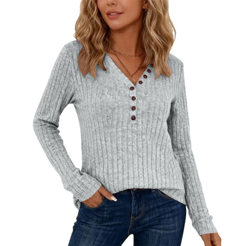 Womens Vintage Knit Tops Babydoll Pullover Button Down-Gray L