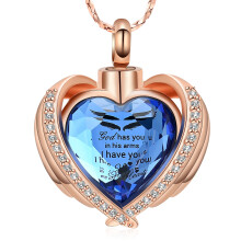 Angel Wing Heart Cremation Pendant for Women with Crystal