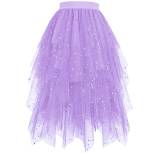 Women's Asymmetrical Star Print Tulle Sequin Puff Midi Skirt Purple XL