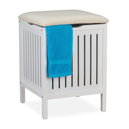 Tabouret panier à linge blanc avec assise coussinée