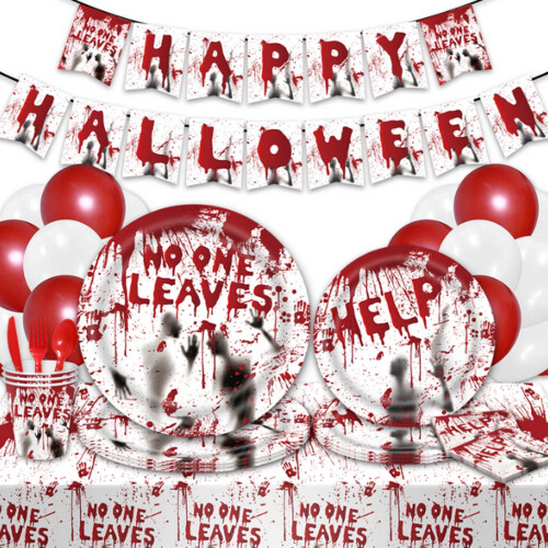 Halloween-Geschirrset „Blutige Hand“ für 16 Gäste