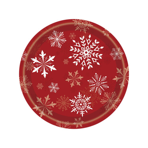 Rote Schneeflocken-Pappteller, 23 cm, 50 Stück