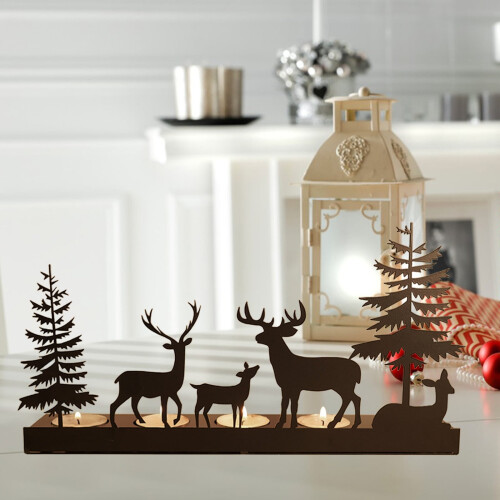 Iron Christmas Deer and Tree Candlestick – Black, 29.5 cm