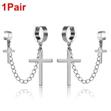 Punk Cross Tassel Earrings Metal Chain Clip Stud