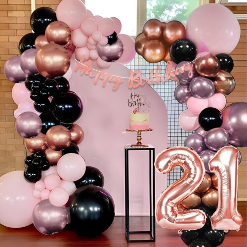 Kit di palloncini per il 21 compleanno in nero e oro rosa