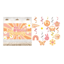 Decoración para fiesta de chica hippie: pancarta genial con techo en espiral.