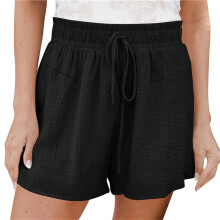 Womens Cotton Linen Shorts Elastic Waist Pleated-Black XXL