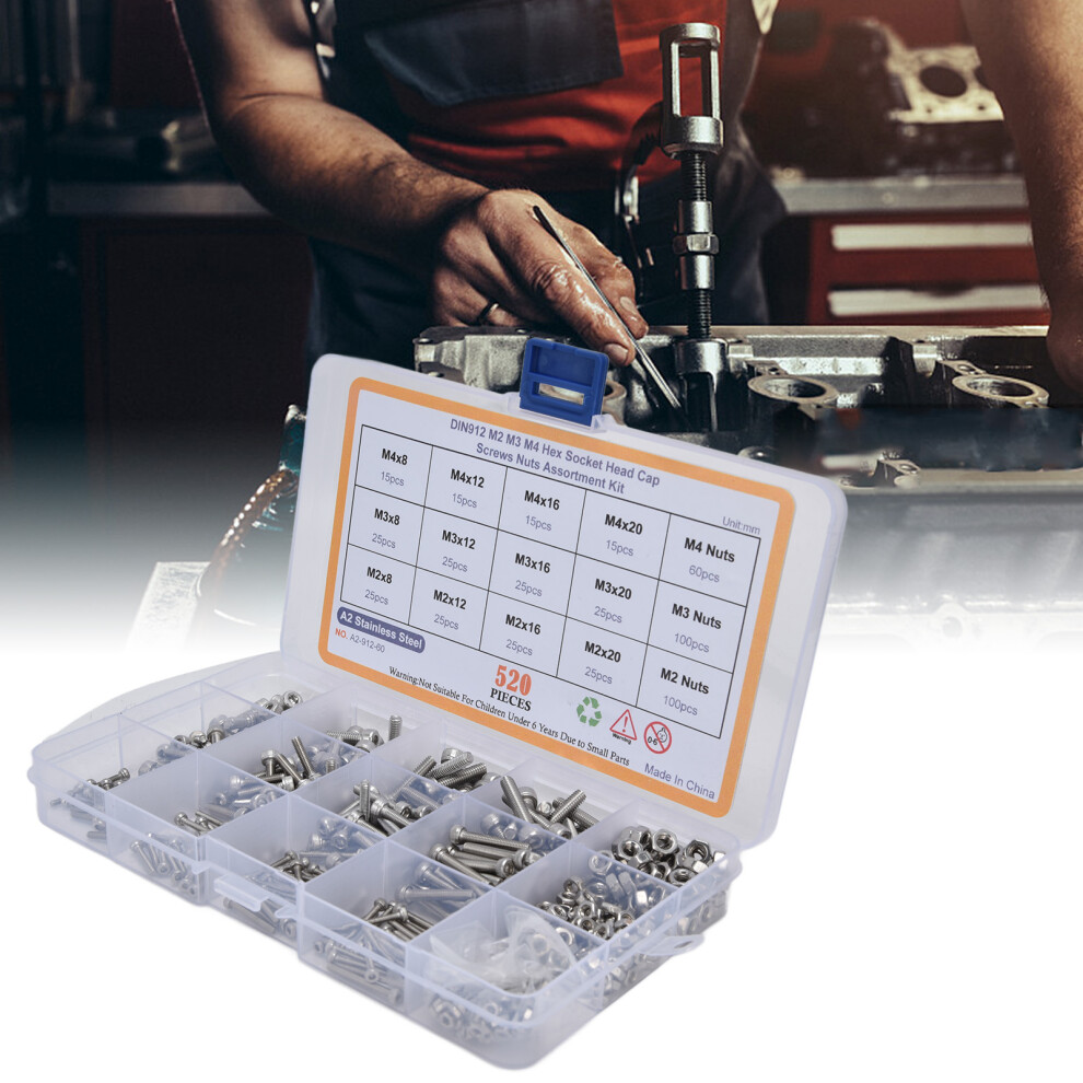 304 Stainless Steel Hex Screw Set 520pcs M2 M3 M4