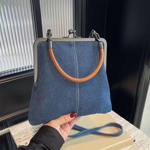 Handgemaakte denim patchwork kleine draagtas blauw