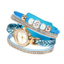 Strassbesetzte Damenuhr, geflochtene Armbanduhr, modische Quarzuhr, Armbandkette, blau