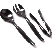 VeZee Servierbesteck aus Kunststoff, Schwarz, robust, Einweg | Set: 10 Löffel, 10 Gabeln, 6 Zangen | 6 Stück pro Set | 180 Stück