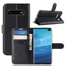 Ag luí le Samsung Galaxy S10Plus - Cás Sparán Litchi - Dubh Dubh Dubh